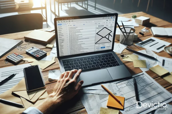 Bureau avec un ordinateur portable utilisant Microsoft Outlook, entouré de notes et d’un smartphone, avec une main interagissant avec l’interface.