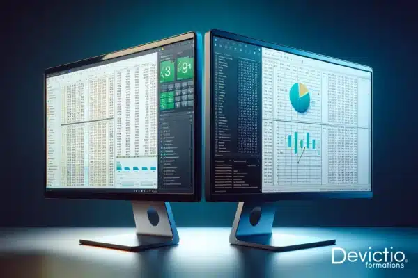 Comparaison visuelle entre Calc et Excel sur deux écrans d'ordinateur, mettant en avant l'interface et les fonctionnalités de Calc comme alternative gratuite à Excel.