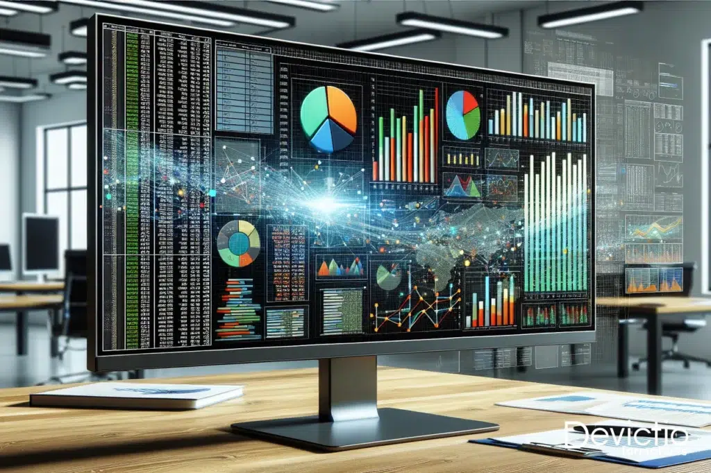 Écran d'ordinateur montrant une feuille de calcul Excel avec des données complexes, des graphiques colorés et un tableau croisé dynamique, illustrant l'analyse de données professionnelle.