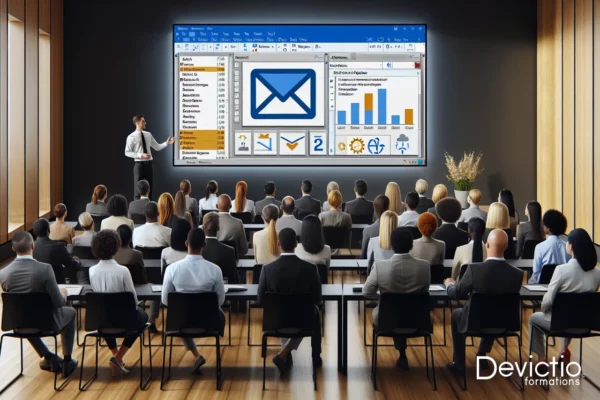 Environnement professionnel où un formateur guide un groupe à travers les fonctionnalités de gestion des emails de Microsoft Outlook sur un projecteur.