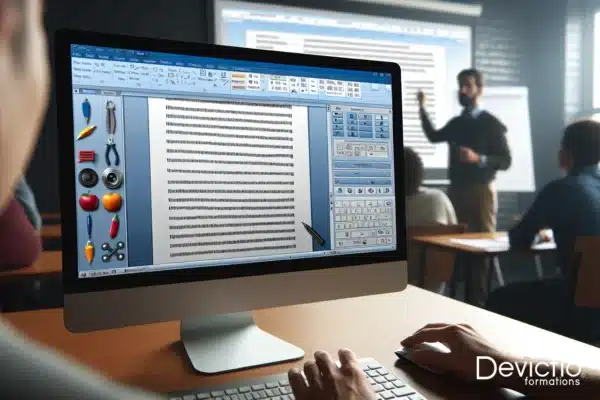 Gros plan sur un écran d'ordinateur affichant un document Word avec des outils de mise en forme, pendant qu'un formateur donne des instructions en arrière-plan.