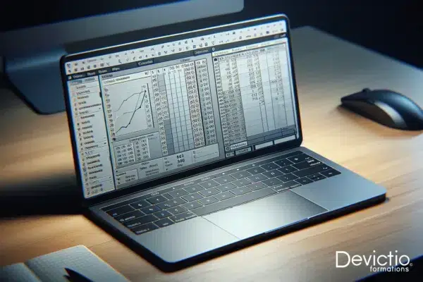Gros plan sur un écran d'ordinateur portable montrant l'interface de LibreOffice Calc avec un tableau détaillé et des graphiques visibles.