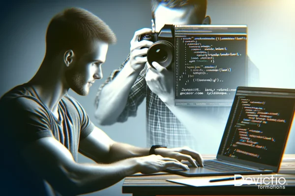 Participant à la Formation JavaScript à Lyon par Devictio®, travaillant sur du code JavaScript