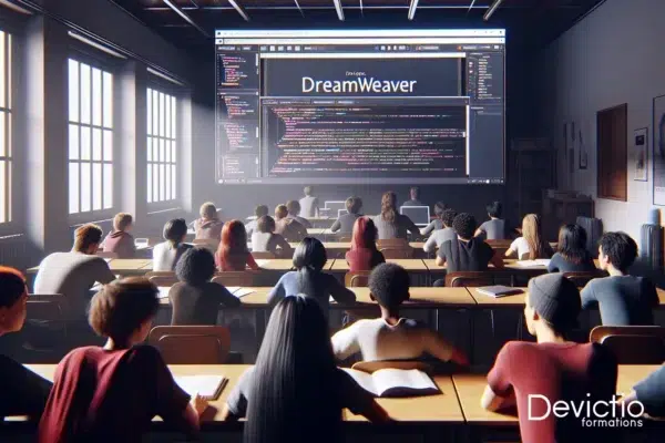 Salle de formation à Lyon avec des étudiants et un formateur concentrés sur Dreamweaver, projetant l'interface du logiciel en développement de site web.