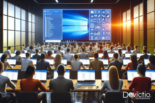 Salle de formation avec plusieurs personnes apprenant Microsoft Outlook sur des ordinateurs portables, l’interface du logiciel projetée sur un grand écran.