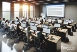 Salle de formation moderne où un groupe de professionnels apprend à utiliser Microsoft Word, avec un formateur guidant l'édition d'un document Word sur un grand écran.