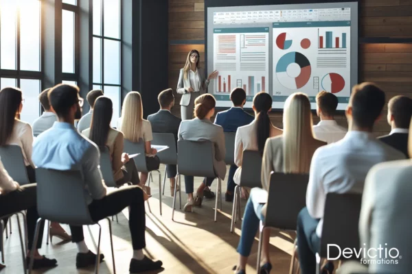 Session de formation avec un groupe de personnes apprenant PowerPoint, l’instructeur projetant des diapositives sur un grand écran.